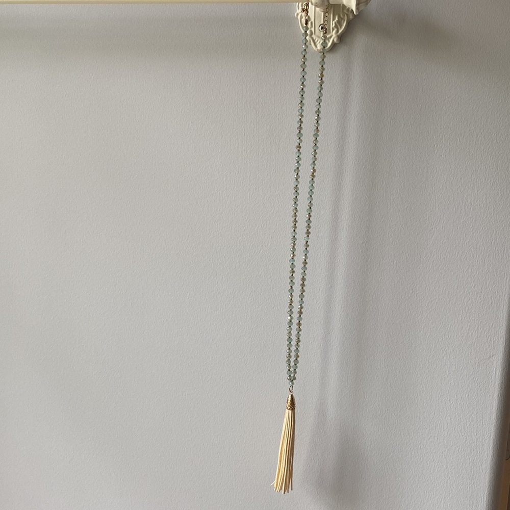 Teal and gold tassel necklace